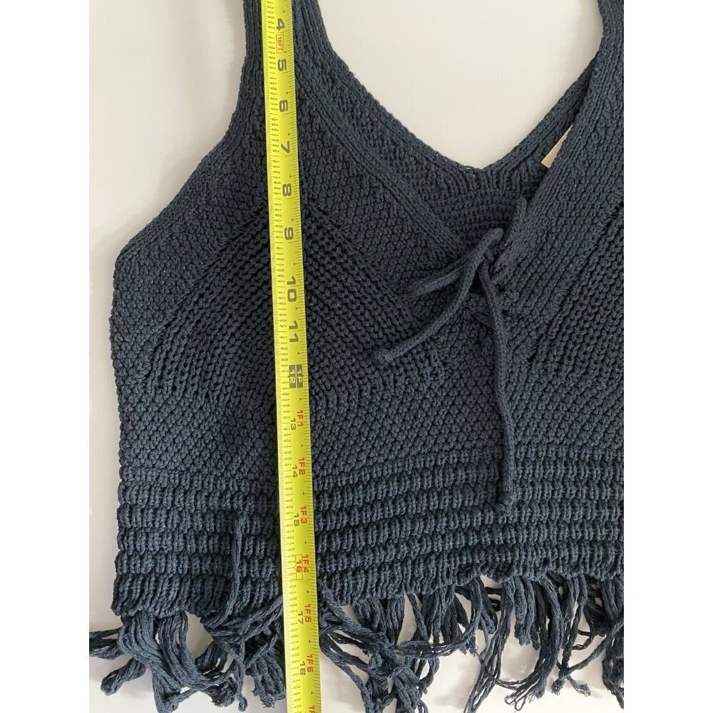 Pilcro Anthropologie Black Sleeveless Knit Top Womens Medium Festival Fringe - Picture 8 of 8
